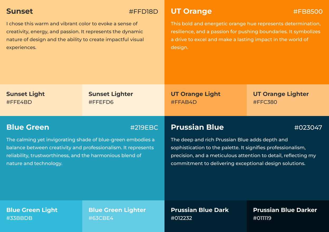 Kristina Marotta personal brand colors, sunset, UT orange, blue green, prussian blue, navy